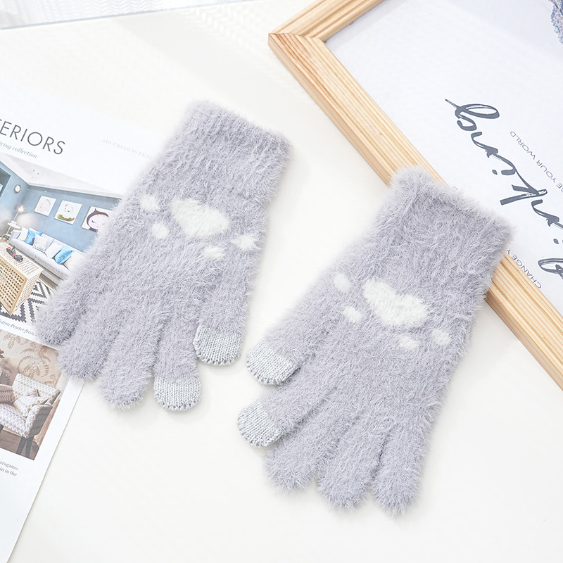 Invierno de las mujeres cálido forrado de lana engrosada estudiante escritura de moda montar lindo punto medio dedo flip guantes de dibujos animados