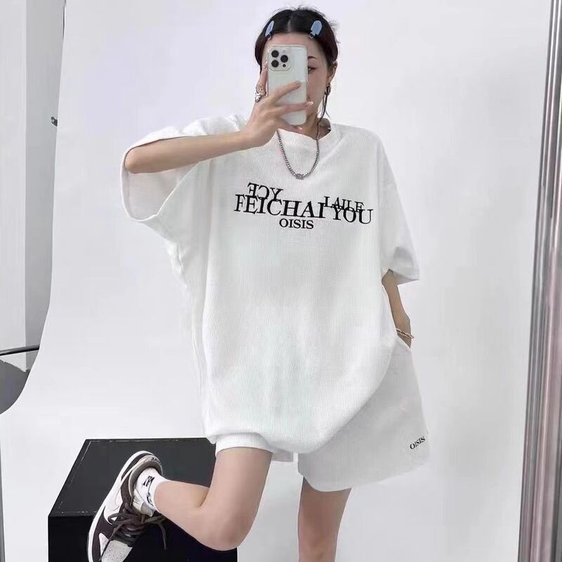 Cross-border plus size Design Sense Waffled Embroidered suit Women's Summer New Casual Sports Loose Shorts Two-piece Set