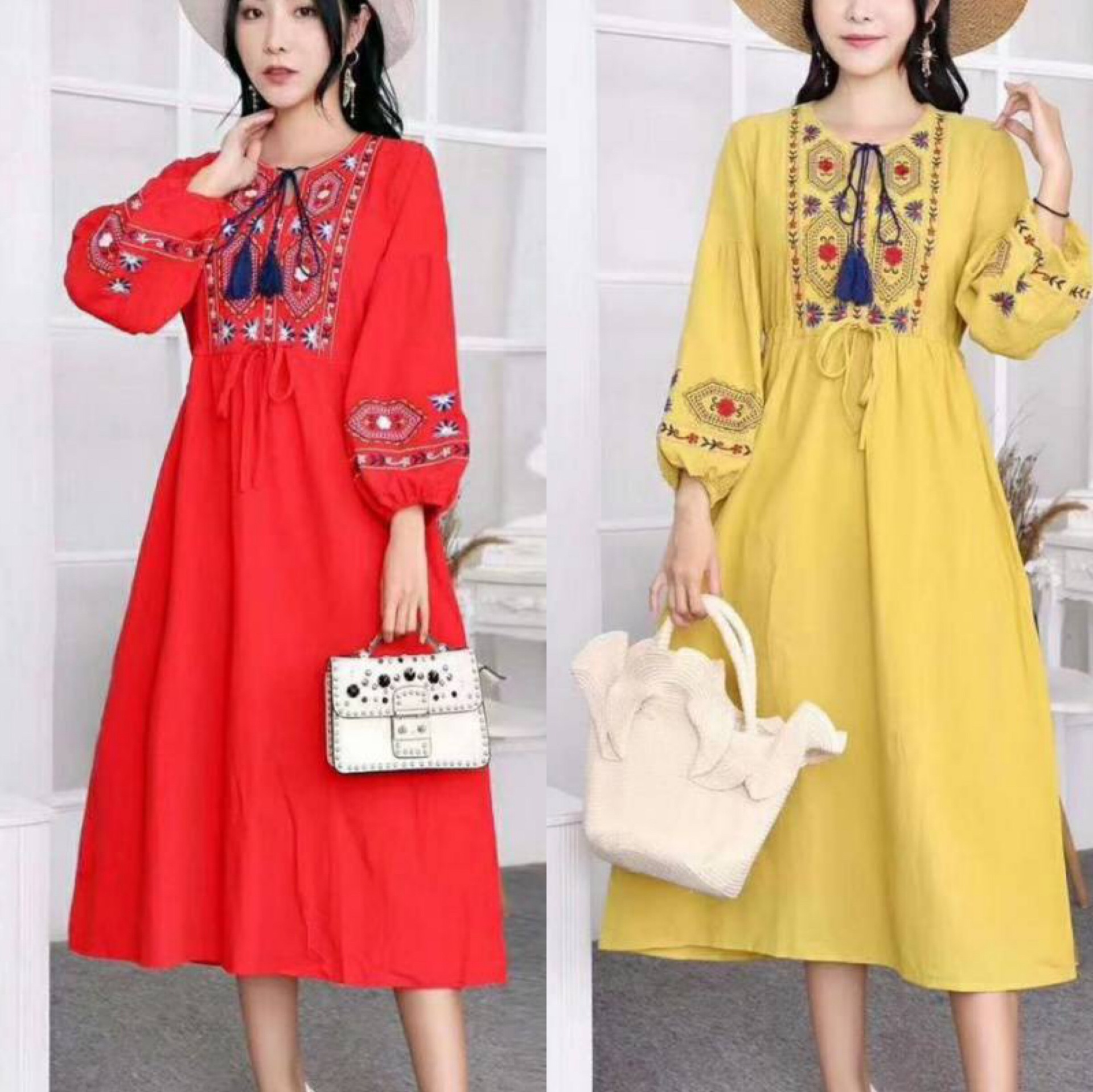2025新款民族风连衣裙棉麻绣花纯色度假出游休闲可收腰显身连衣裙