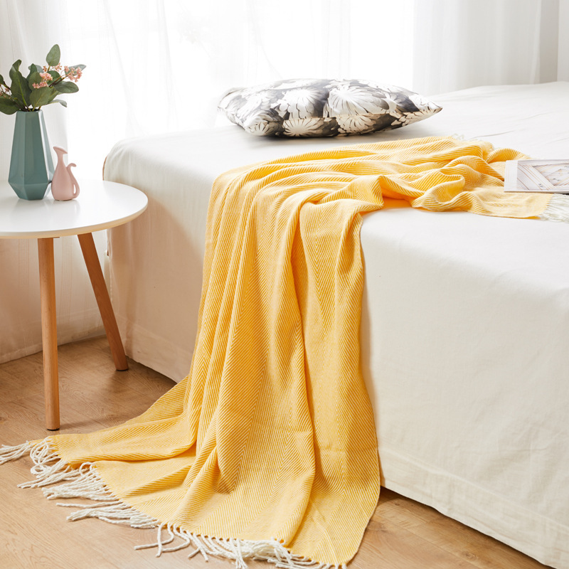 Woven jacquard weave wave fringe cover herringbone pattern thread acrylic blanket_voghion.com