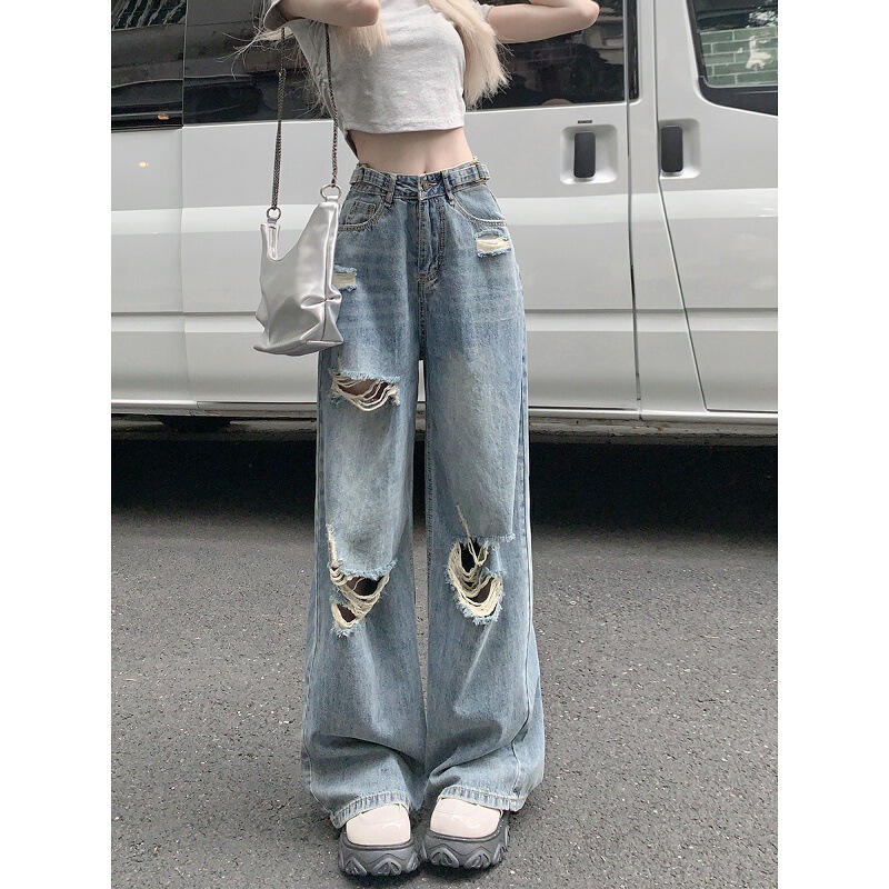 Vintage Ripped Jeans for Women, High-Waisted Straight-Leg, New Autumn Style, Loose Fit, Slimming, High Street, Plus-Size Wide-Leg Floor-Length Pants for Women