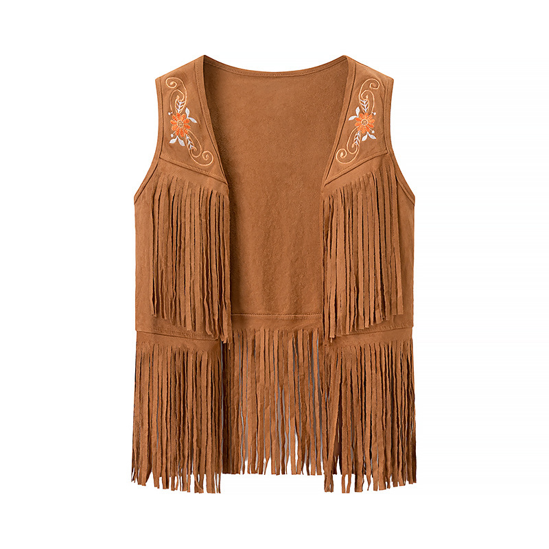 2025 New Autumn and Winter Retro Western Ethnic Style Brown Imitation Deerskin Velvet Tassel Vest Women's Vest
