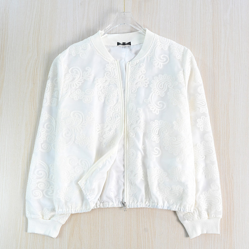 Siqi Women's Clothing 266/11 Organza Embroidered Ribbed Stand Collar Casual Thin Jacket
