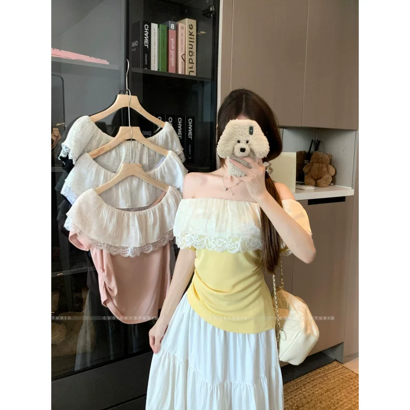 Кружевной летний дизайн футболка с коротким рукавом, плюс размер, открытые плечи, приталенный крой, тренд сезона