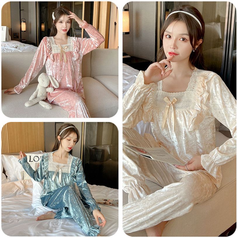 Otoño nuevo terciopelo dorado color sólido pijama de manga larga encaje cuello cuadrado princesa ropa de casa primavera set transfronterizo