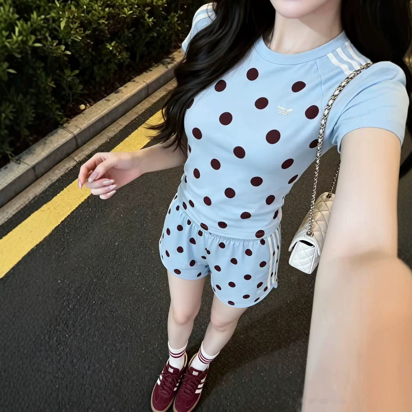 Cross-Border Summer New Polka Dot Slim-Fit Short-Sleeve T-Shirt for Women, Round Neck, Regular Shoulder, Korean Style Three-Stripe Top Cross-Border Summer New Polka Dot Slim-Fit Short-Sleeve T-Shirt for Women, Round Neck, Regular Shoulder, Korean Style Three-Stripe Top