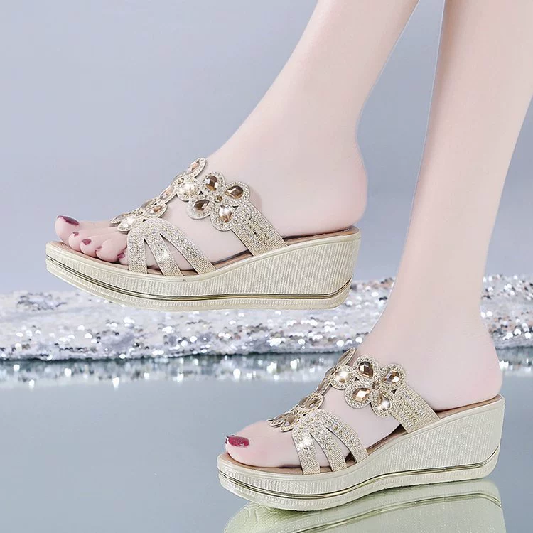 2025 модные богемные босоножки на танкетке с открытым носком, дышащая повседневная женская обувь на толстой подошве, яркие тапочки с бриллиантами, оптовая продажа