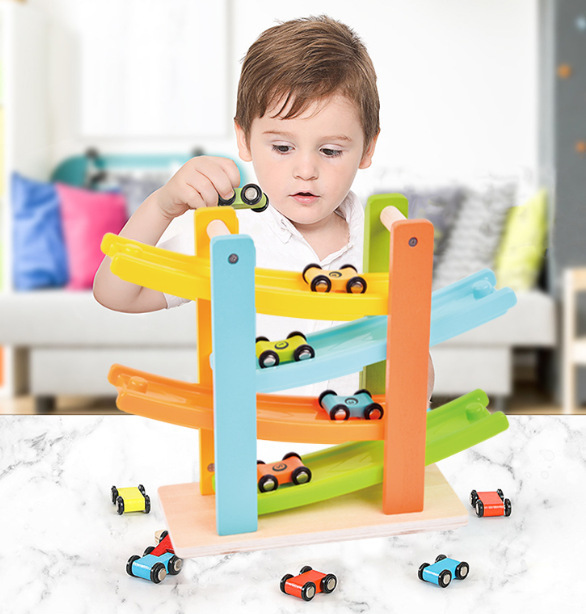 Children's gliding track car, slide car, educational wooden car, parking lot toy for boys and girls
