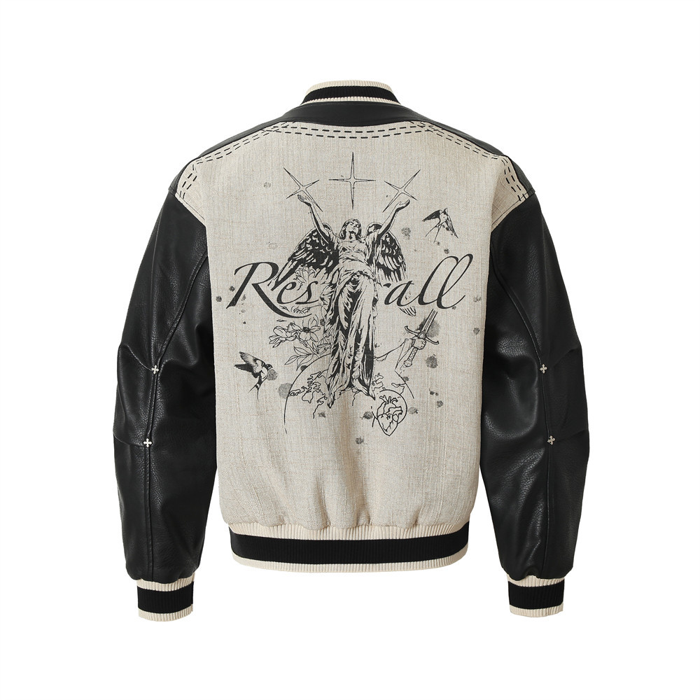 American Retro Angel Wings Statue Print Loose Jacket Men's Contrast Color Stitching PU Leather Baseball Uniform Trendy
