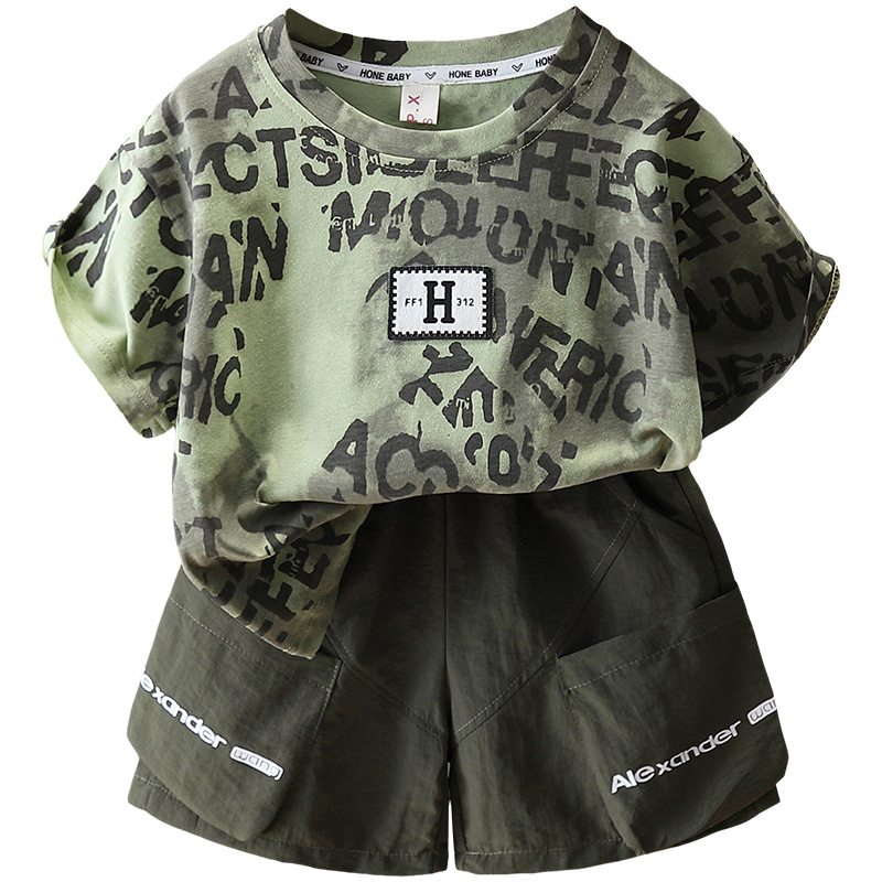 7285 Traje de verano para niños Camiseta de manga corta con estampado de letras delgadas Traje de dos piezas 2025 Nueva ropa de verano para niños