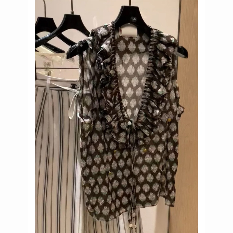 French Petty Bourgeoisie Top, Elegant, Summer, High-End, Beautiful, Age-Reducing Brown Printed Ruffled V Neck Sleeveless Shirt