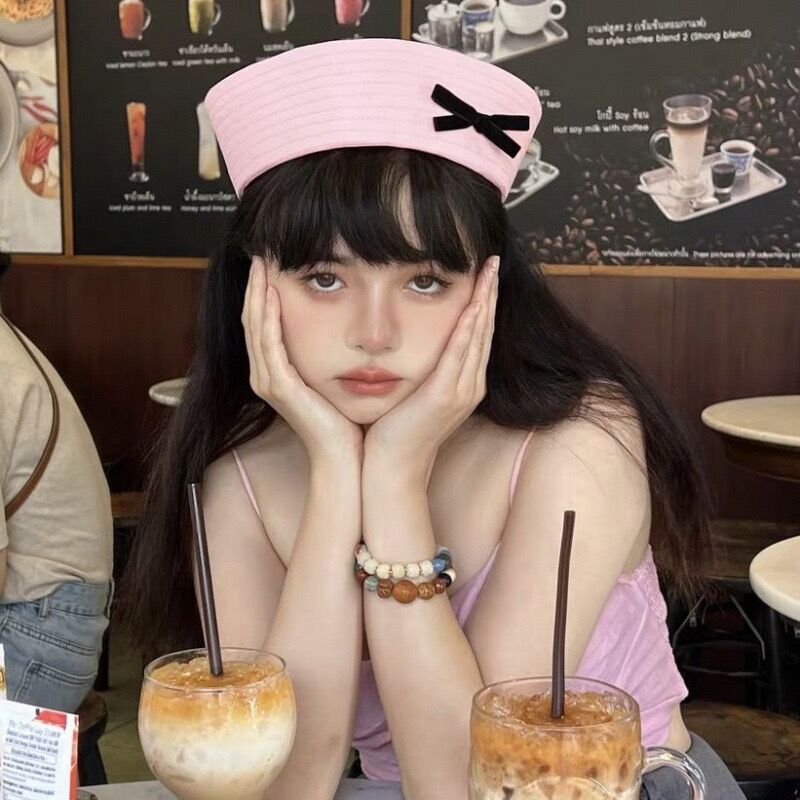 Jk Beret Navy Hat Bow Cute Pink Sailor Hat with Large Brim Korean Style Sweet Girl Summer Jk Beret Navy Hat Bow Cute Pink Sailor Hat with Large Brim Korean Style Sweet Girl Summer