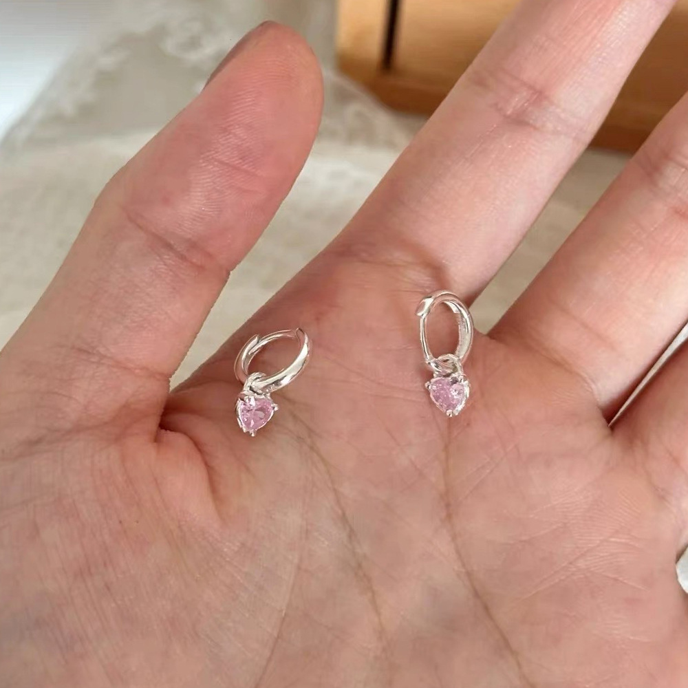 S999 Sterling Silver Pink Heart Zircon Pendant Earrings for Women Simple Ins Style Exquisite Ear Buckle Elegant Student Earrings