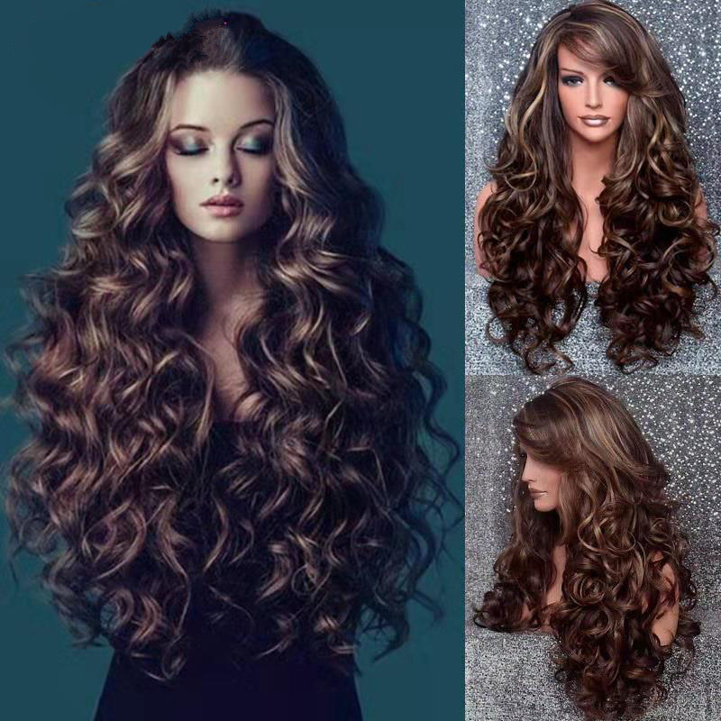 Perruque tendance pour femme, frange sur le côté, cheveux longs et bouclés, bonnet synthétique en soie haute température_voghion.com
