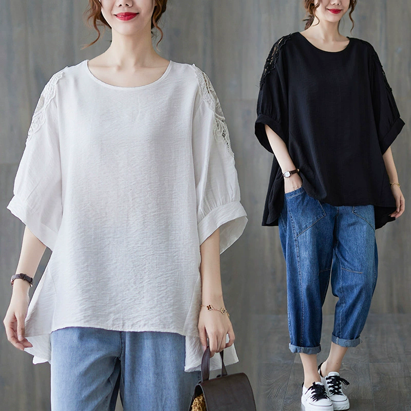 Реальный снимок готовых летних топов 2025 года с коротким рукавом, нерегулярного кроя, свободного кроя, больших размеров для женщин.