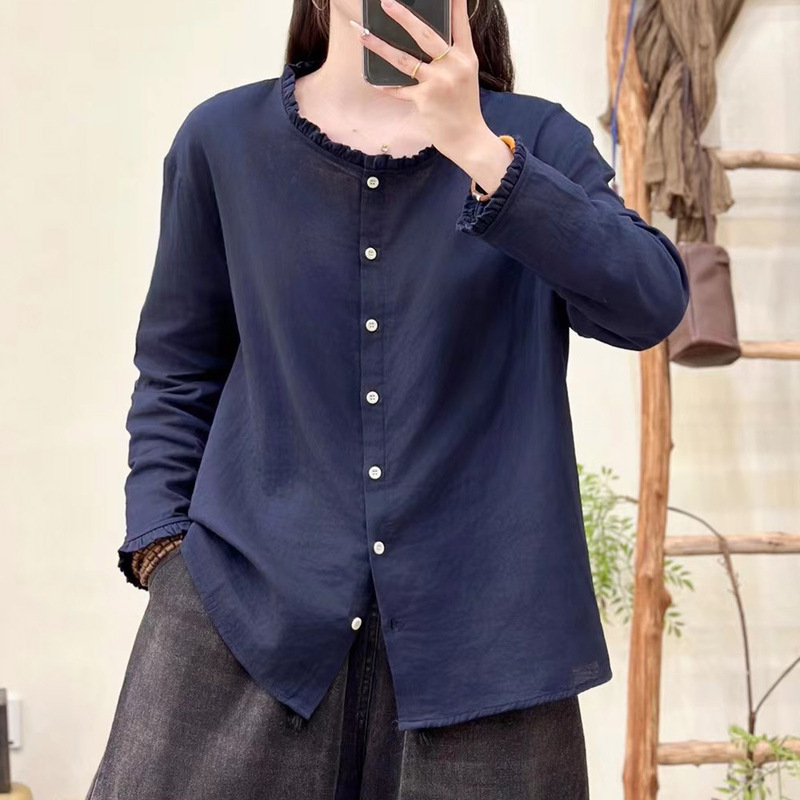 木耳领双层棉纱长袖T恤女新款宽松棉质衬衫开衫上衣衬衣|undefined