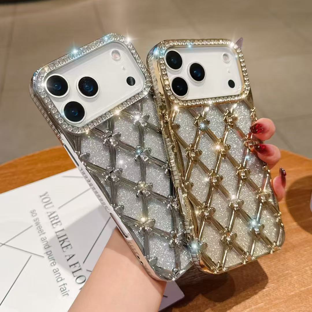 Cross-Border New Style with Diamond Flower Stereo Suitable for Iphone17Promax Mobile Phone Case Luxury Apple 15 Protective Cover