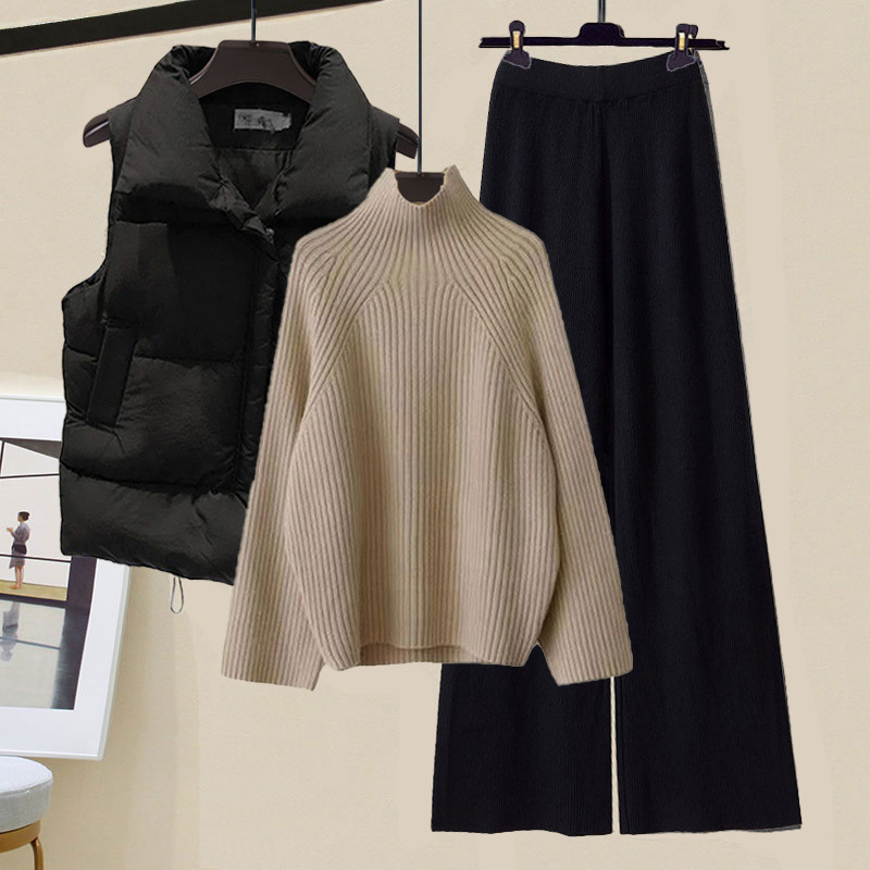 冬服、新しいスタイルの綿のベスト、タートルネックセーター、女性のスリムなワイドレッグパンツの3点セット|undefined