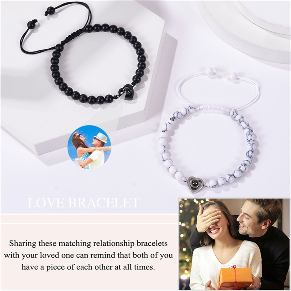 亚马逊热手工串珠投影手链图片照片定 制钛钢爱心手链女厂家批发