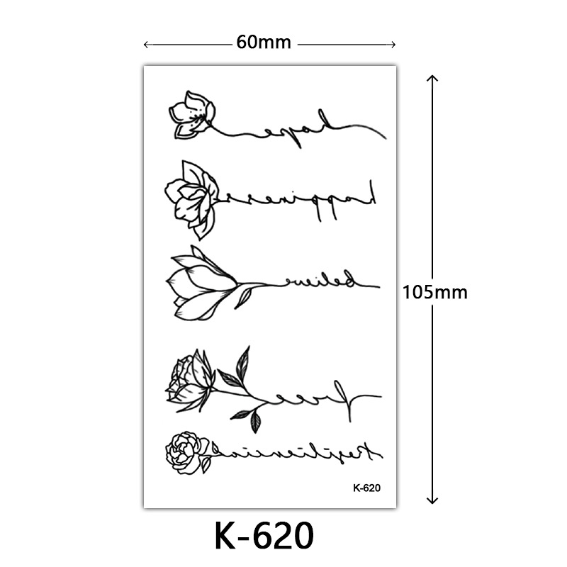 Pequeñas pegatinas de tatuaje frescas letras inglesas flores mariposas líneas de boceto pegatinas de tatuaje impermeables tatuaje