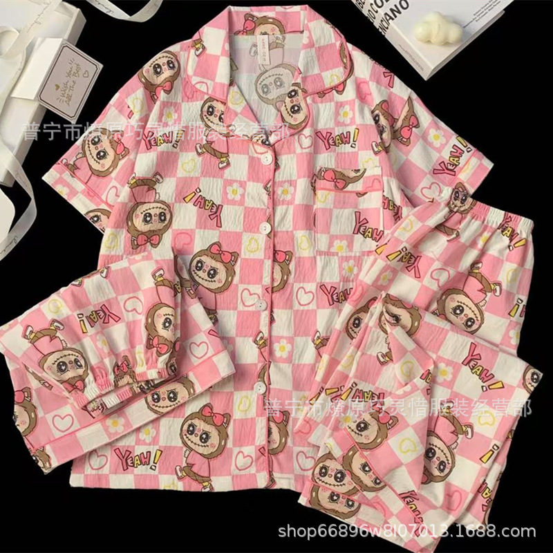 Hermosos pijamas de tela de rabu mujeres primavera y otoño verano nubes de algodón dulce mangas cortas pantalones cortos de tres piezas ropa para el hogar