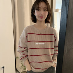 i miss2025秋季新款设计感撞色条纹百搭套头长袖针织衫女毛衣上衣