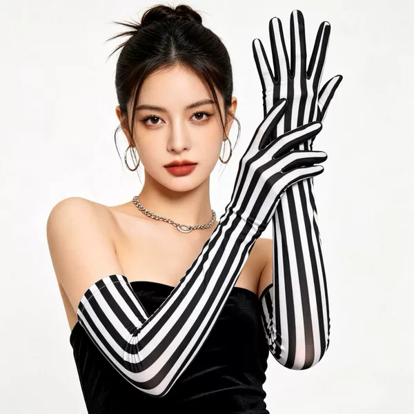 Halloween long elastic black and white striped gloves for cosplay, ball party, and stage performance