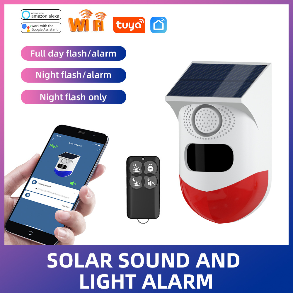 厂家直供涂鸦智能太阳能警笛手机wifi无线防宠物红外声光警笛APP