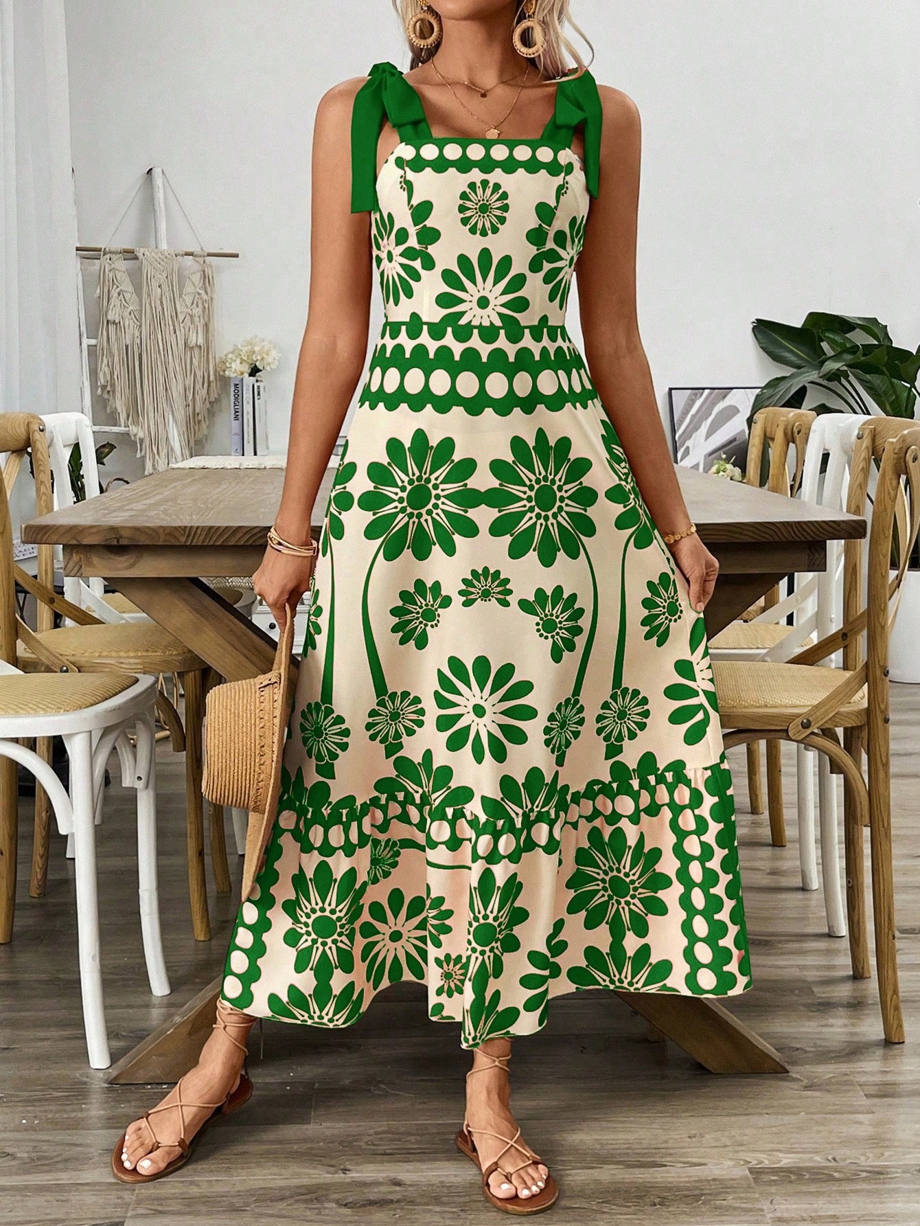 European American Foreign Trade Clothing Women's Bohemian Style With Floral Shoulder Straps And Tie-Up Long Dress_ecoleips.com