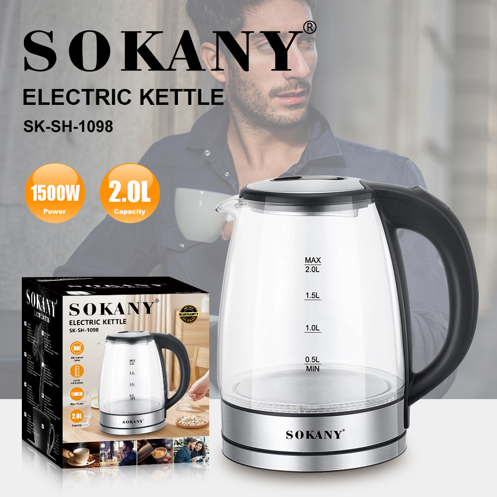 Hervidor eléctrico SOKANY1098, capacidad 2L, para hogar u oficina.