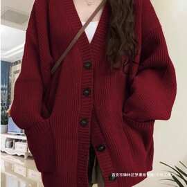 跨境中长款小香风圣诞毛衣女秋冬季新款本命年慵懒风红色针织开衫