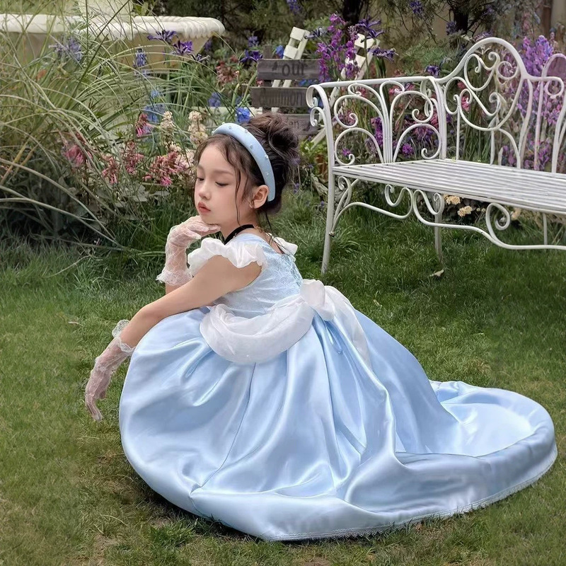 Princess Dress Blue Puff Sleeves Satin Puffy Skirt for Kids and Toddlers Children's Dress Amazon New Model Princess Dress Blue Puff Sleeves Satin Puffy Skirt for Kids and Toddlers Children's Dress Amazon New Model