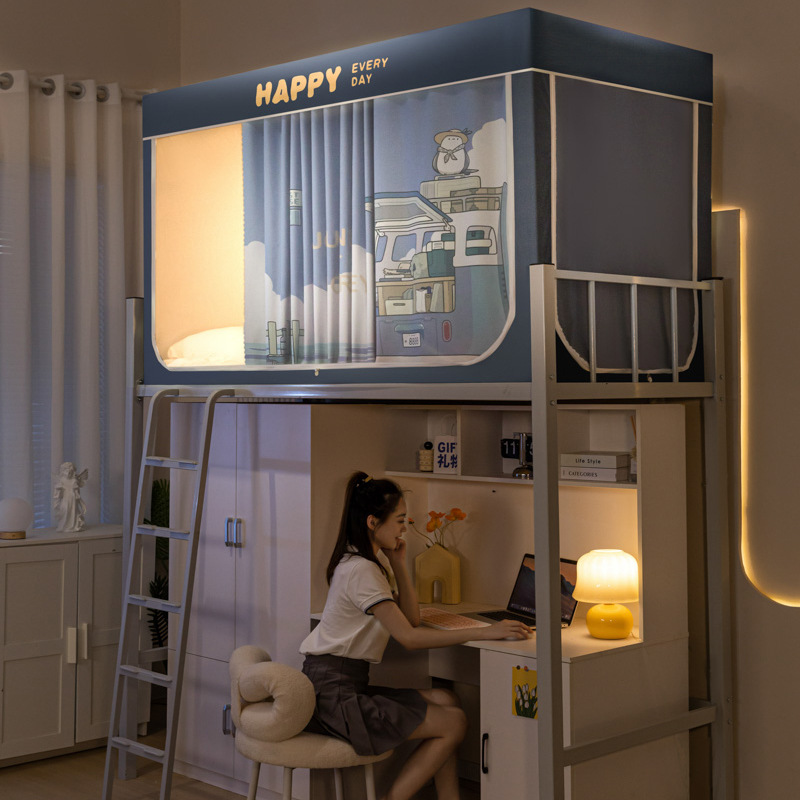 Cortina de cama gruesa de protección de luz fuerte para dormitorio de estudiantes con mosquiteros superiores e inferiores