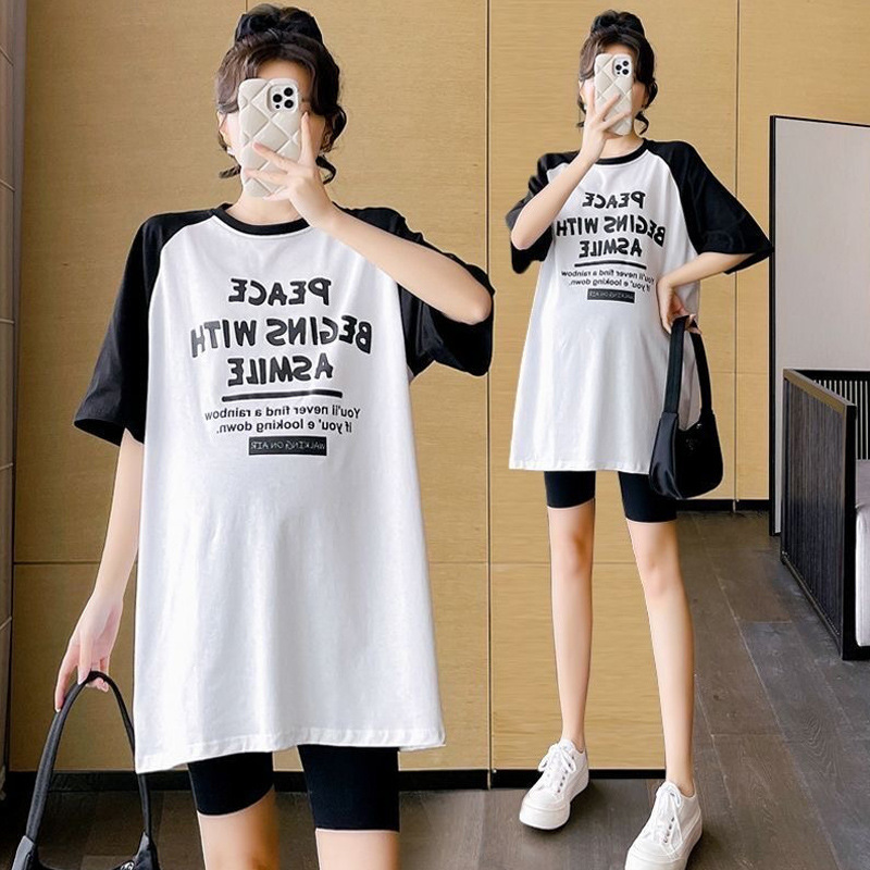 Maternity Summer Top Hiding Ass Korean Style Mid-length Loose Large Size White Cotton Short-sleeved T-shirt