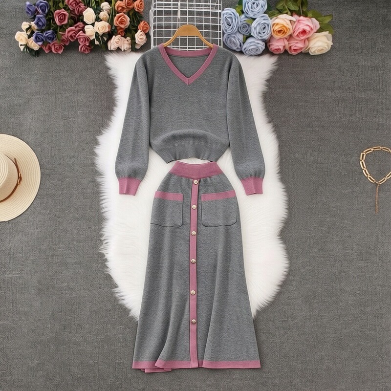 Fashionable Women's Suit Dress for Spring and Autumn, Color-Blocking Loose V-Neck Knitted Top + Single-Breasted Slim-Fit Skirt