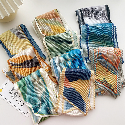Folded long small silk scarf for women summer thin Korean style versatile decorative scarf long tied bag professional scarf
