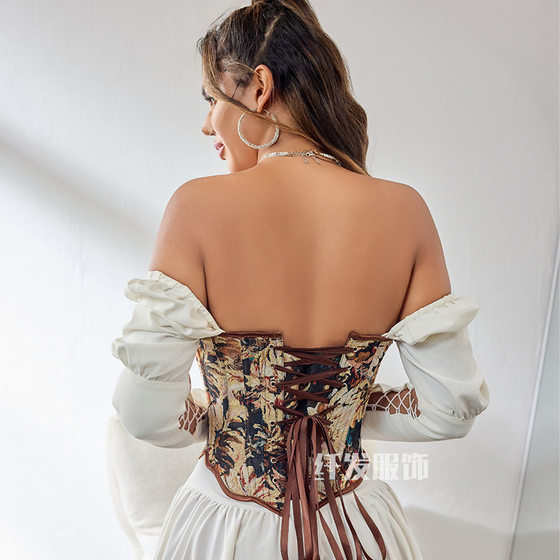 Fishbone Brassiere Flower Oil Painting Series High-end Strapless Waistline Gathering Straight Hem Ladded Tunic Top