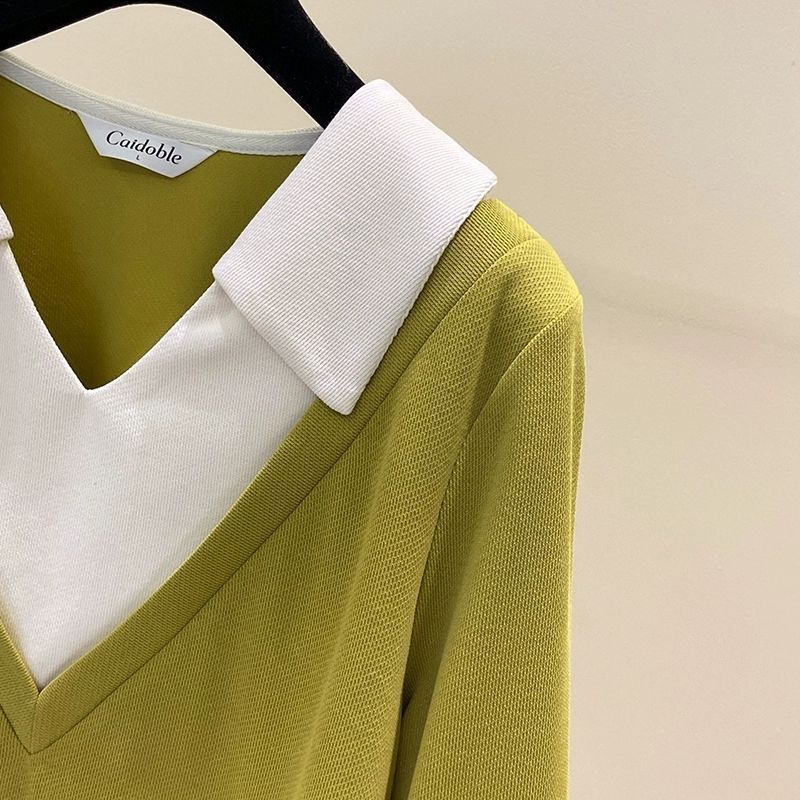 Plus Size Layered Polo Shirt – Slimming Long Sleeve Mock Two-Piece Top For Women (Green/Black, L-4XL, Up To 300lbs)_ecoleips.com