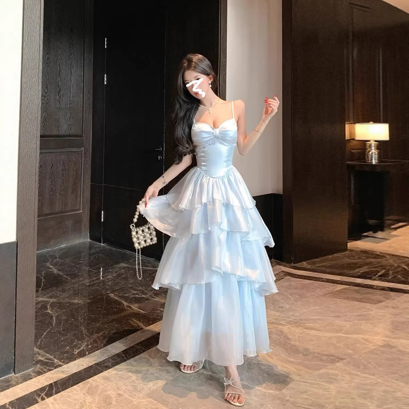French-Style Blue Glossy Spaghetti Strap Cake Dress for Women, Birthday Dress, Waist-Cinching Slimming Beach Vacation Long Dress