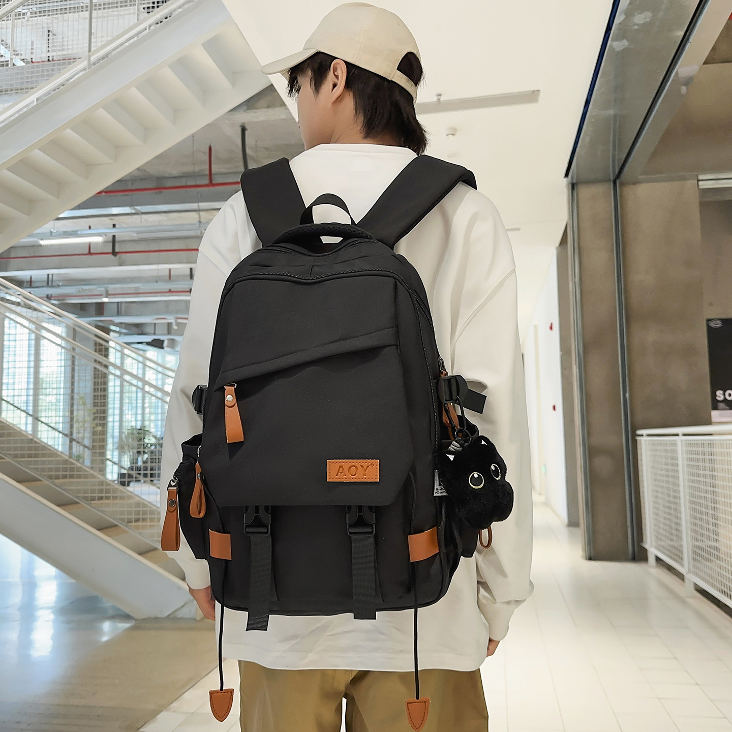 New Solid Color Student Schoolbag, Korean Style Men's Backpack, Middle and High School Student Schoolbag, Student Large Capacity Spine-Protecting Travel Backpack