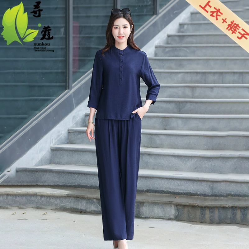 Новый костюм для мамы, костюм иностранного стиля, женская мода среднего возраста, темперамент из двух частей, весенний и летний рукав, легкая одежда