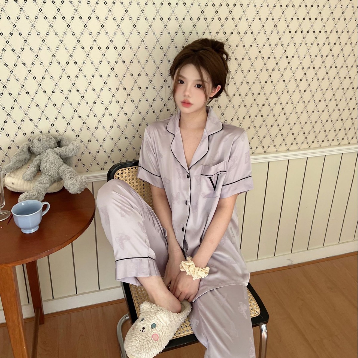 [비미소녀] 반소매 바지 여름 잠옷 여성 자카드 보라색 나비 자수 홈 옷 얼음과 눈