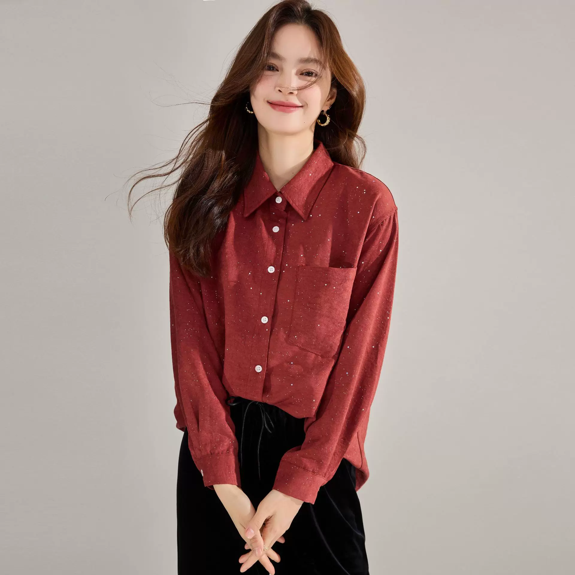25秋季复古港味高级感亮片设计安可拉红衬衫女百搭叠穿衬衣15892
