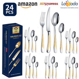 Cross-border Amazon Stainless Steel Tableware Star Diamond Knife, Fork and Spoon Set Hotel Western Food 24-piece Steak Knife and Fork Set