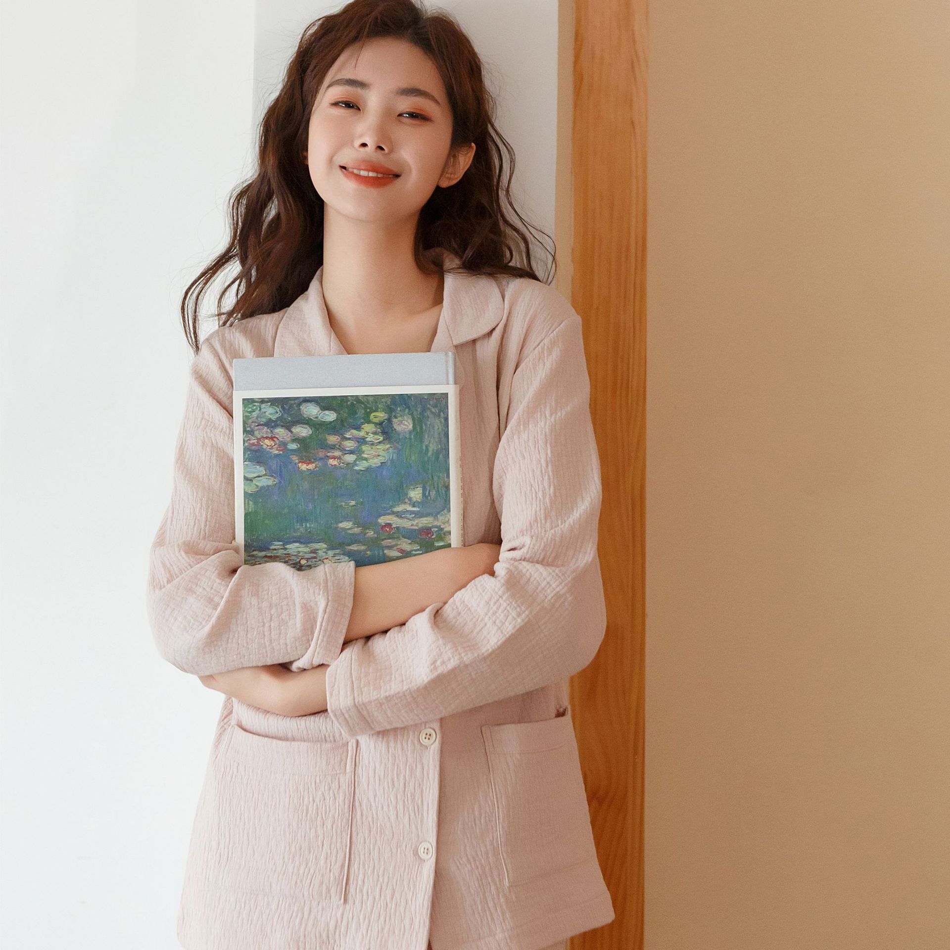 잠옷, 순면, 여성용 봄, 가을 심플 루즈 라펠 가디건, 긴팔 바지 정장, 여성용 커플 잠옷