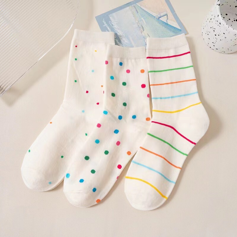 Korean style socks women's mid-calf rainbow dot candy color polka dot striped simple tone student socks
