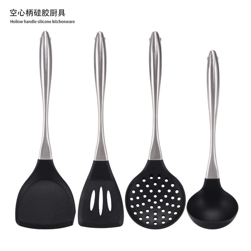 Kitchen Tools Non-stick Spatula, Silicone Kitchenware Set, Stainless Steel Hollow Handle Soup Spoon, Colander, Spatula