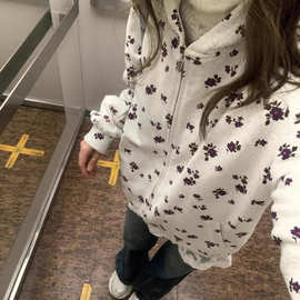 美式复古满印碎花连帽开衫卫衣男女宽松慵懒chic情侣拉链帽衫外套