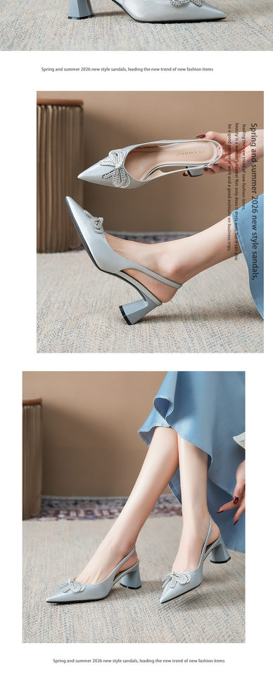 Sandal nữ mũi nhọn hở gót gót thô đính nơ đá pha lê, gót 6–8 cm — Màu bạc, màu vàng kim chi tiết 9