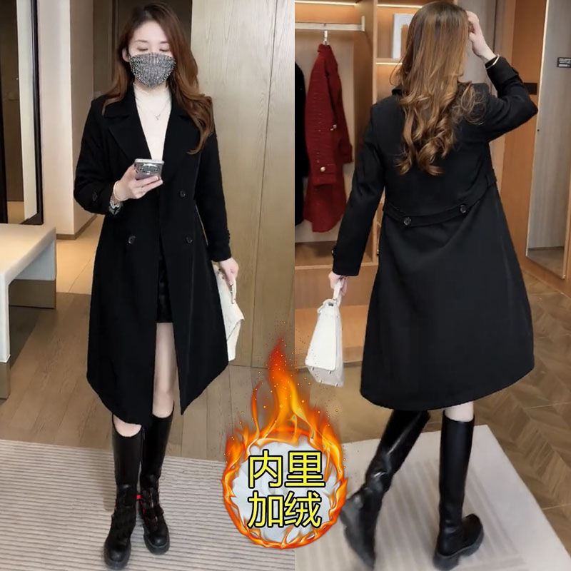高档次加绒加厚风衣外套女秋冬新款洋气显瘦小个子中长款大衣|undefined